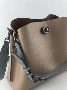 Coach Willlow Leather Crossbody Bucket Bag in Taupe and Gray-Blue